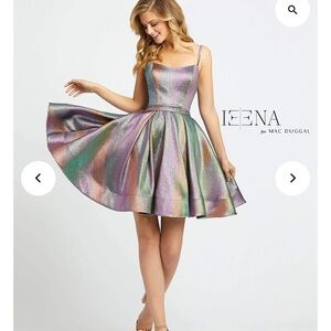 New IEENA Mac Duggal Multicolor Rainbow Metallic Fit Flare Dress belt HOCO party